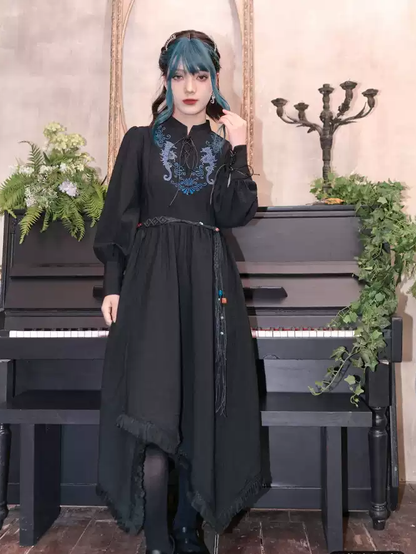 Blue Seahorse Embroidery Tassel Hem Black Cheongsam Style Dress with Lace-up Detail at Front