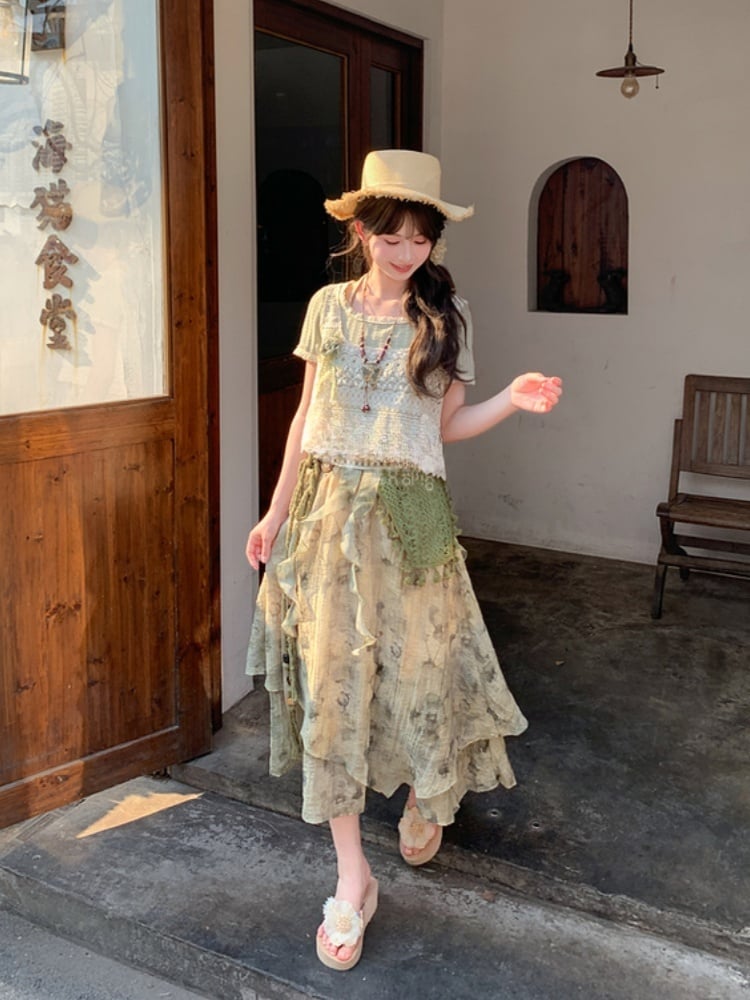 Mori Kei Green Tie Dye Wide-Leg Pants with Detachable Knitted Accessory Regular/Short Version