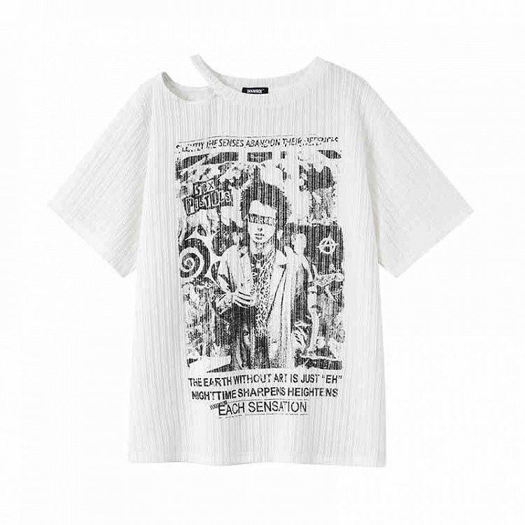 Punk White Asymmetrical Cutout Shoulder Graphic T-shirt