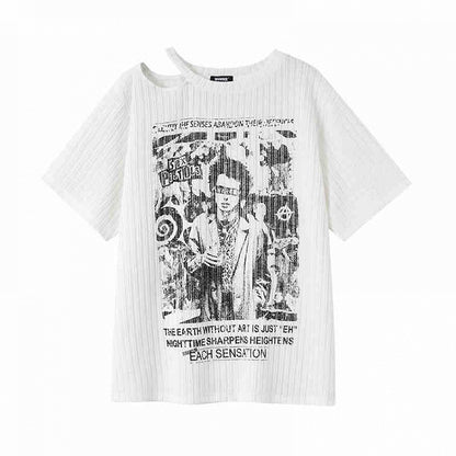 Punk White Asymmetrical Cutout Shoulder Graphic T-shirt