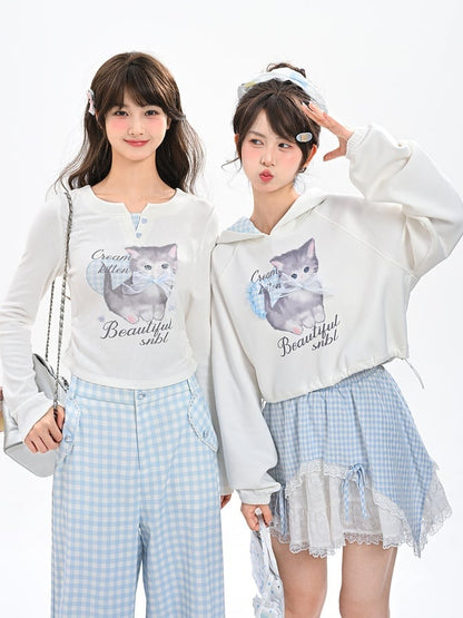 Adorable Cartoon Kitty Print Sweetheart Button Details White Faux Two-pieces Top