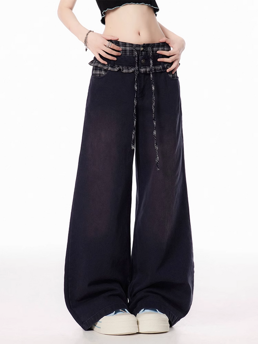 Plaid Patchwork Waist Black Low Rise Wide-leg Jeans