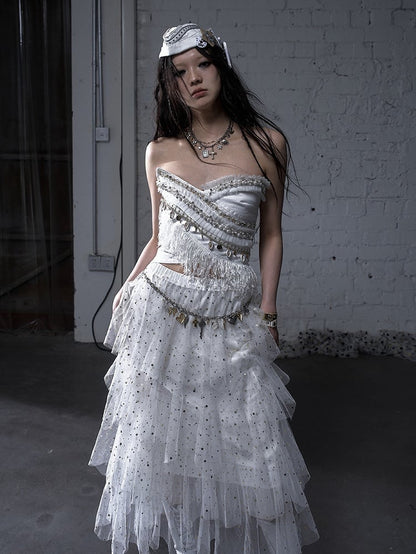 Black/White/Apricot Elastic Waist Sequin Details Tiered Mesh Skirt