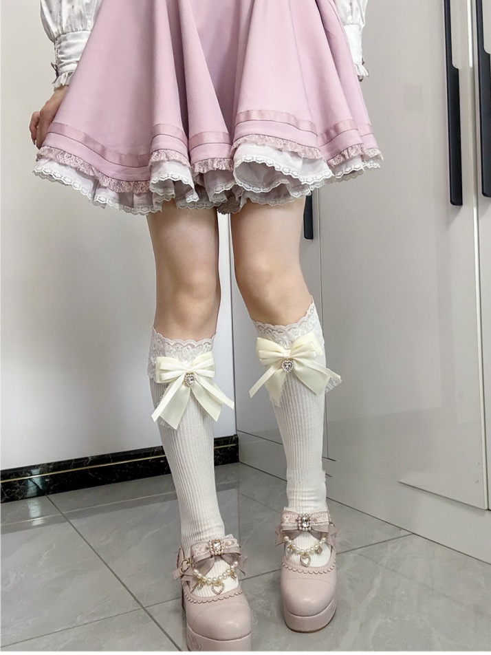 Apricot Bow Detail Front Heart Rhinestone Jirai Kei Under Knee Stockings