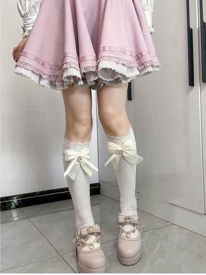 Apricot Bow Detail Front Heart Rhinestone Jirai Kei Under Knee Stockings