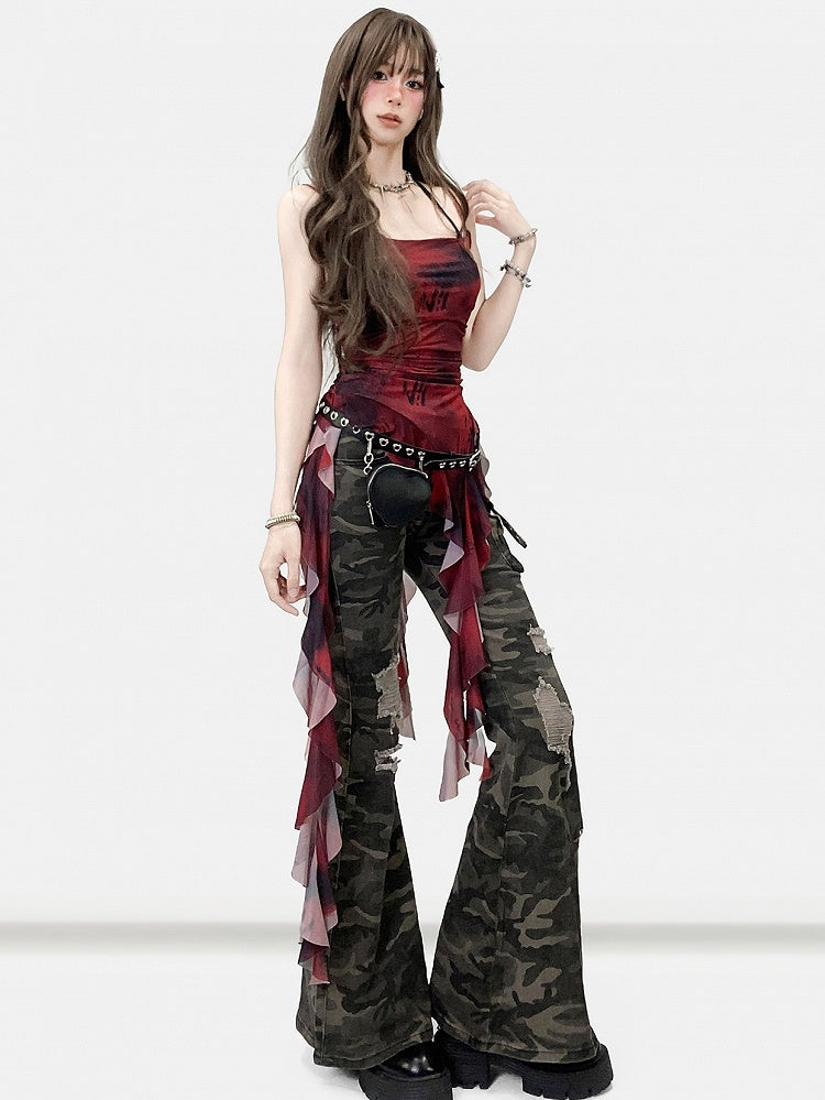 Wine Red Tie Dye Design Cascading Ruffle Accents Asymmetrical Hem Cami Top