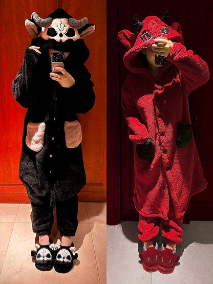 Red Devil Gothic Winter Plush Pajama Set Nightgown with Pants