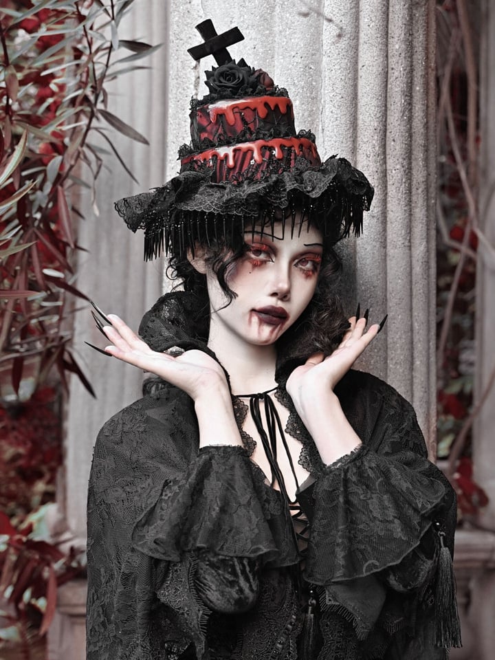 Black and Red Halloween Goth Hat with Detachable Veil