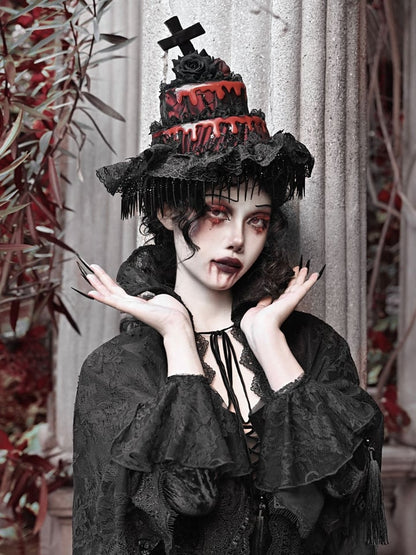 Black and Red Halloween Goth Hat with Detachable Veil