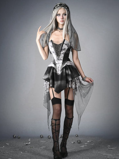 Y3K Fashion Futuristic Black Basque Waist Metal Chains Front Handkerchief Hem Cyberpunk Hooded Dress