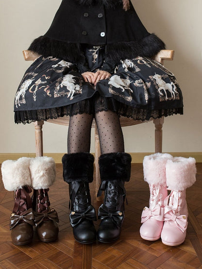 PU Black Sweet Lolita Mid-Calf Boots - Lace-Up Design with Detachable Bow & Plush Cuff