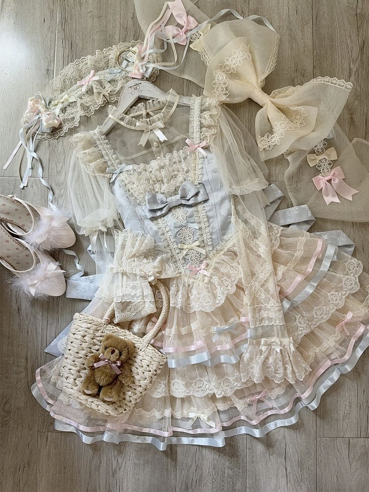 Blue Corset Waist Layered Tulle Skirt Princess Lolita JSK with Big Bow at Back