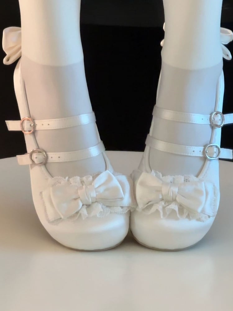 Satin-Finish PU White Sweet Lolita Mary Janes - Ruffled Lace with Bow & Double Buckles