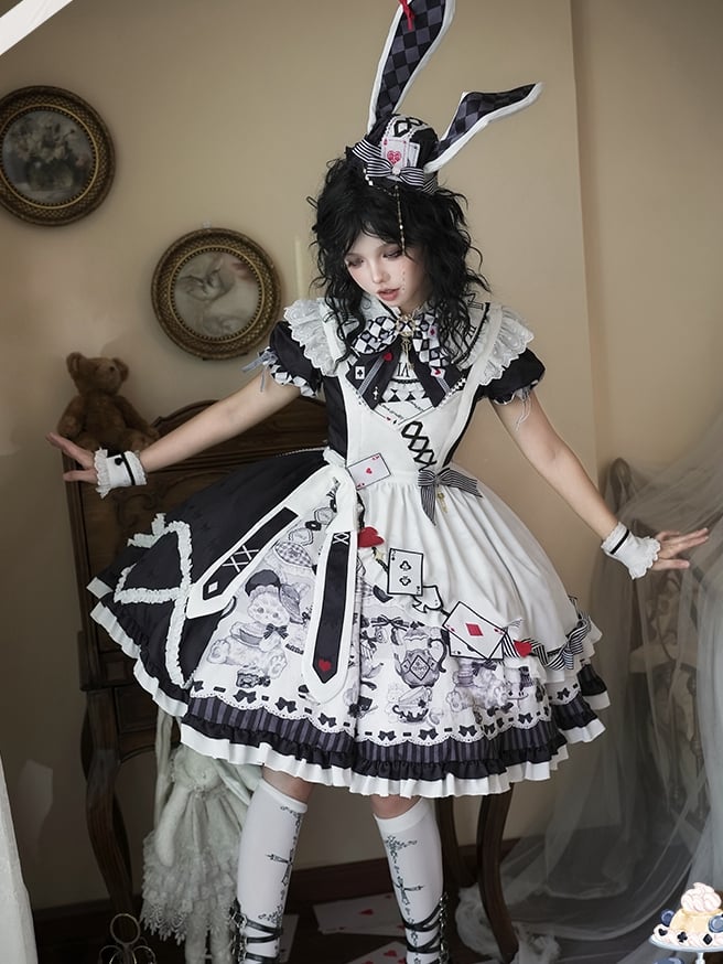 Alice in Wonderland Vibes Black and White Bunny and Teapot Print Apron Dress Sweet Lolita OP / Full Set