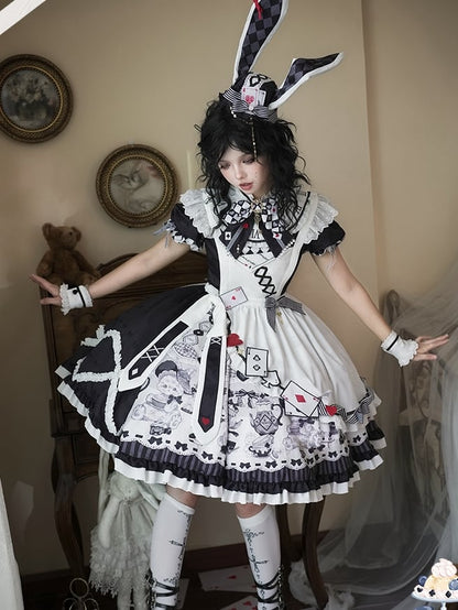 Alice in Wonderland Vibes Black and White Bunny and Teapot Print Apron Dress Sweet Lolita OP / Full Set