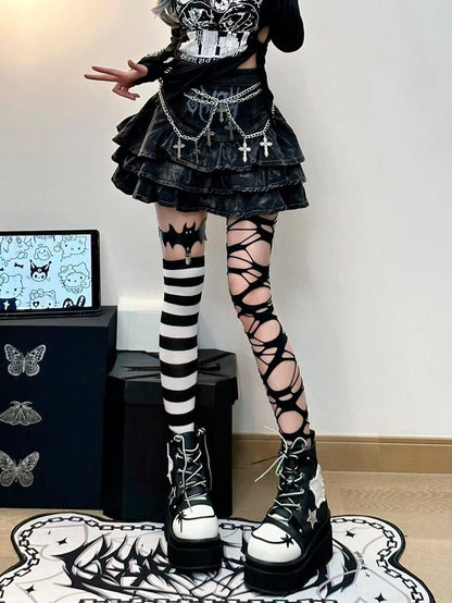 Star Appliques Punk Black Denim Platform Ankle Boots