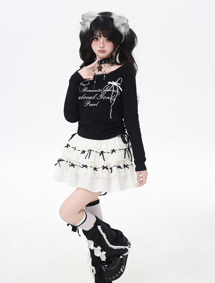 Sweet Bowknot Print Lace Trim Drawstring Waist White/Black Top