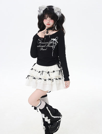 Sweet Bowknot Print Lace Trim Drawstring Waist White/Black Top