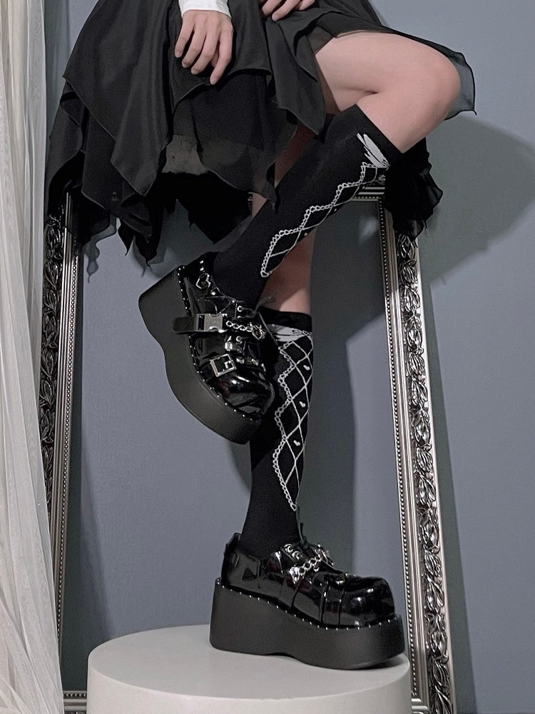 Devil's Trap Lace-up Closure Silver-tone Studs Polished Black Flatforms