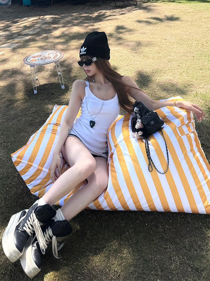 Midi Length White Racerback Tank Top with Gothic Script Print