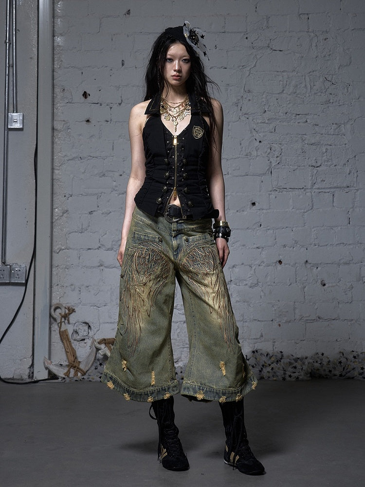 Blue/Yellow Faded Wash Distressed Holes Angel Wing Embroidery Vintage Punk Wide-leg Jeans