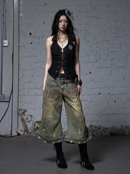 Blue/Yellow Faded Wash Distressed Holes Angel Wing Embroidery Vintage Punk Wide-leg Jeans