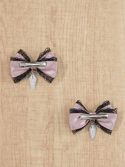 5 Colors Coffin Charm Gothic Cross Jirai Kei Bowknot Hairclips with Chain