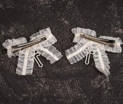 Gothic Cross Detail White Ruffled Bow Hairclips
