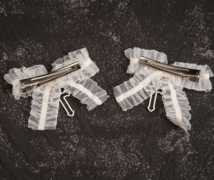 Gothic Cross Detail White Ruffled Bow Hairclips