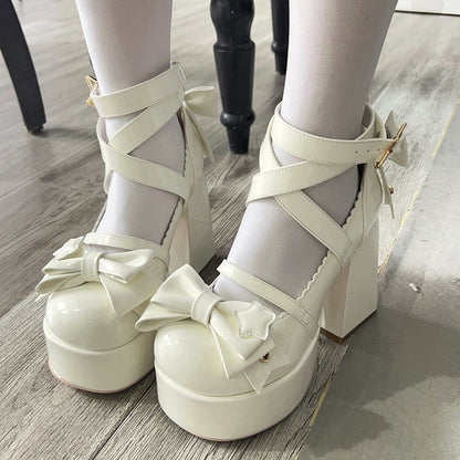 Beige Bow at Top Crisscross Design Sweet Lolita Platform High Block Heels