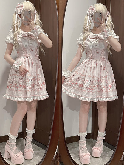 Clearance-Pink Jirai Kei Rhinestone And Bowknot Decorated Lace Trim Heart-shaped Hairclip