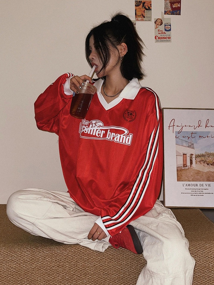 Red Vintage Sport Sweatshirt with White Side Stripes