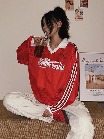 Red Vintage Sport Sweatshirt with White Side Stripes