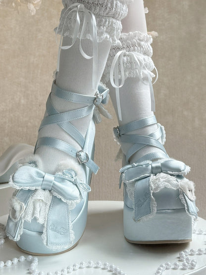 Blue Sweet Lolita Platforms with Plush Bear Ear Accents, Bow Embellishments & Crossed Straps