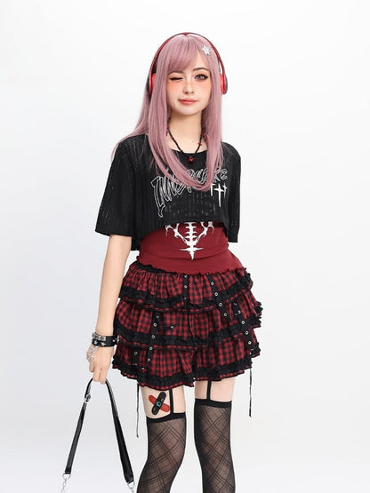 Y2K Red/Gray Halter Neck Graphic Tank Top with Black Cropped Coverup Set