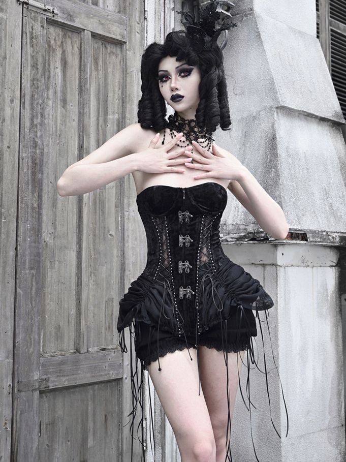 Gothic Black Bustier Corset Lace-up Top Drawstring Hem