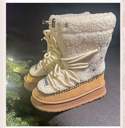 Clearance-Size 37 Camel 4CM Heel Plush Platform Boots