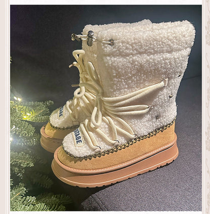 Camel 4CM Heel Plush Platform Boots