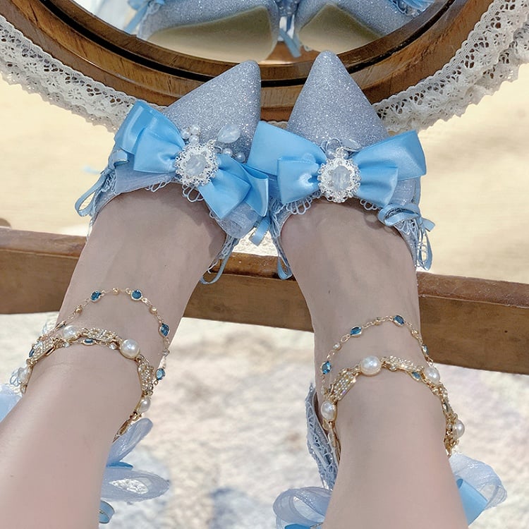 Blue Glittering Bow Accent Pointed Toe 5CM/8CM Hime Lolita Heels