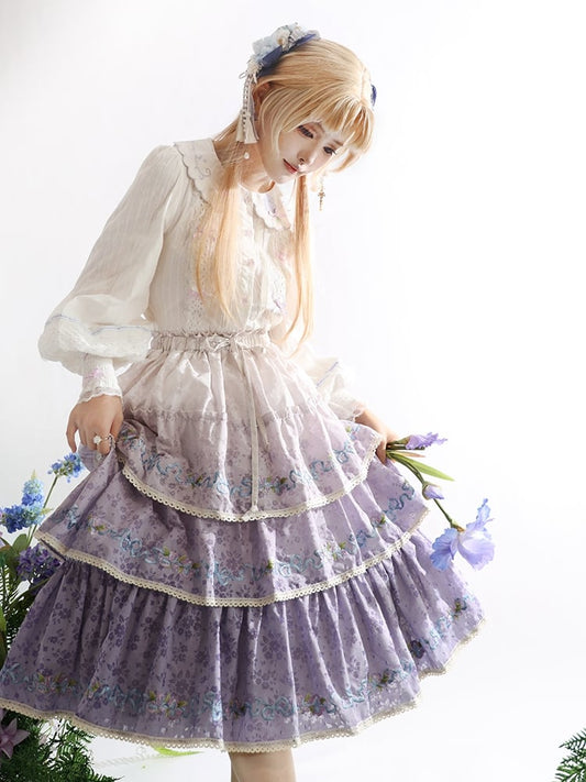 Ombre Violet Delicate Iris Embroidery Tiered Skirt