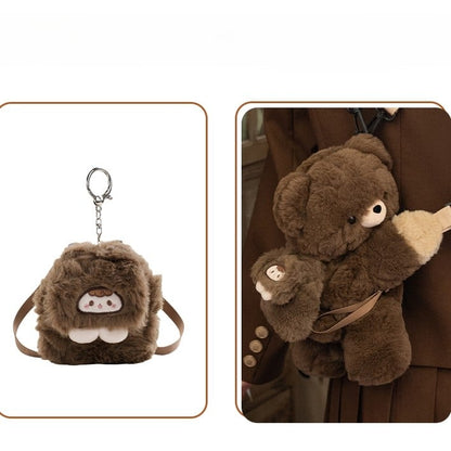 Brown Bear Plush Backpack/Crossbody Bag + Keychain Small/Middle/Large Size