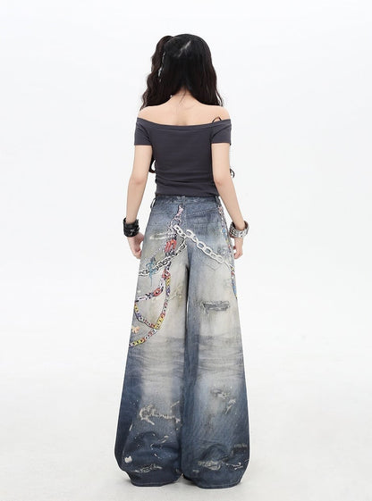 Chains Print Splash Ink Details Blue Low Rise Distressed Wide-leg Jeans