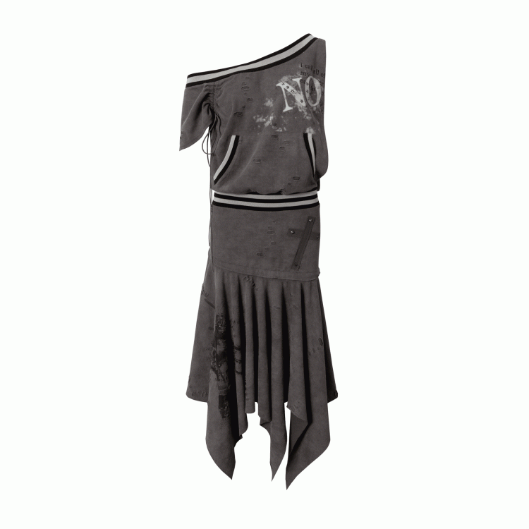 Asymmetrical Neckline Gray/White Wasteland Punk Distressed Dress with Detachable Handkerchief Hem