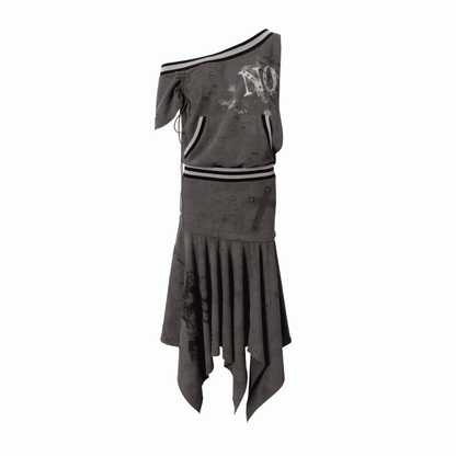 Asymmetrical Neckline Gray/White Wasteland Punk Distressed Dress with Detachable Handkerchief Hem