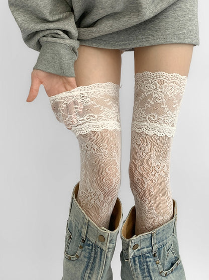 Gray/White/Brown/Blue/Black Lace Trim Hollow-out Design Over-knee Stockings