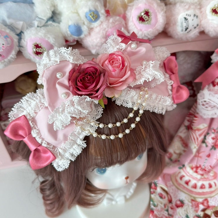 Gorgeous Version Pink Floral Design Beaded Charm Lace Trim Bowknot KC