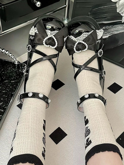 Bow at Top Polished Black Jirai Kei Rhinestones Block Heel Platforms Landmine Style Shoes