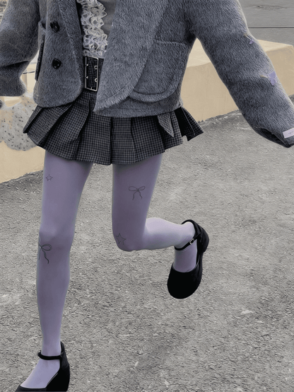 Creamy White/Light Gray/Purple Bowknot and Star Print Pantyhose
