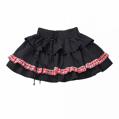 Black & Red Plaid Tiered Skirt with Ruffled Hem