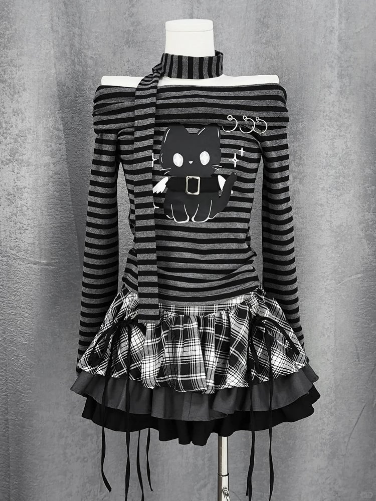 Y2K Black and White Plaid Tiered Skirt Bowknots Decoration